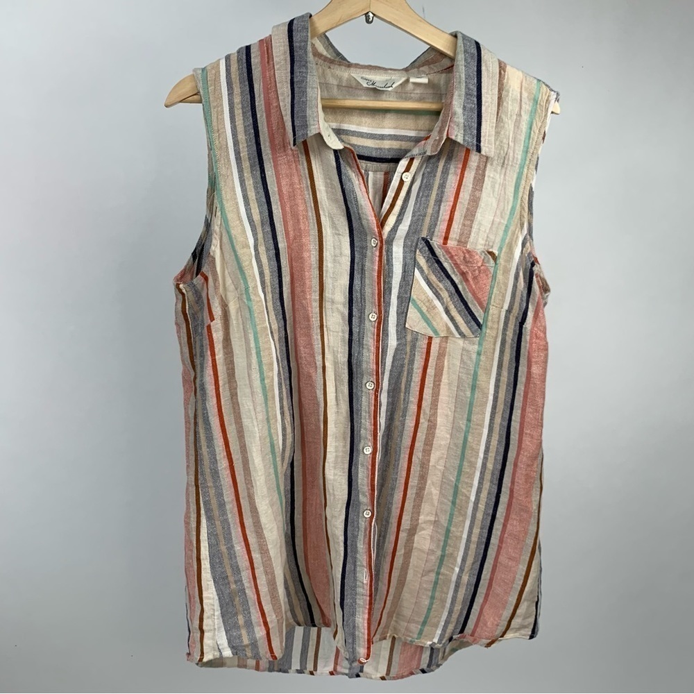 Caff Marrakesh Stripes Rainbow Button Down Sleeveless Loose Relax Tunic L